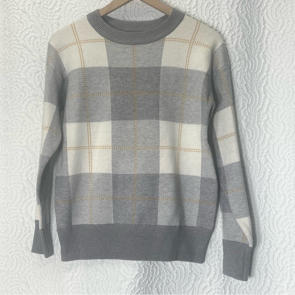Rachel Zoe Soft Gray Cream Plaid Crew Neck Knit Sweater Fits Like Small / Medium